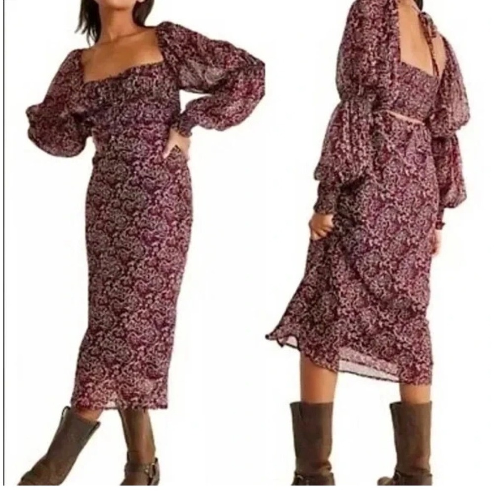 Free People Aglow Cutout Puffed-Sleeve Midi Dress - Chocolate Sz Small
